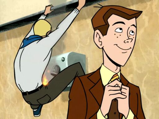 Hank Venture hanging from a hand dryer, drying his crotch. Dean Venture in the foreground with his hands together looking up and off to the right. 